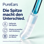 PureEars erklärt: haftende Gel-Spitze, wiederverwendbar nach Anleitung, 24 Stäbchen pro Beutel