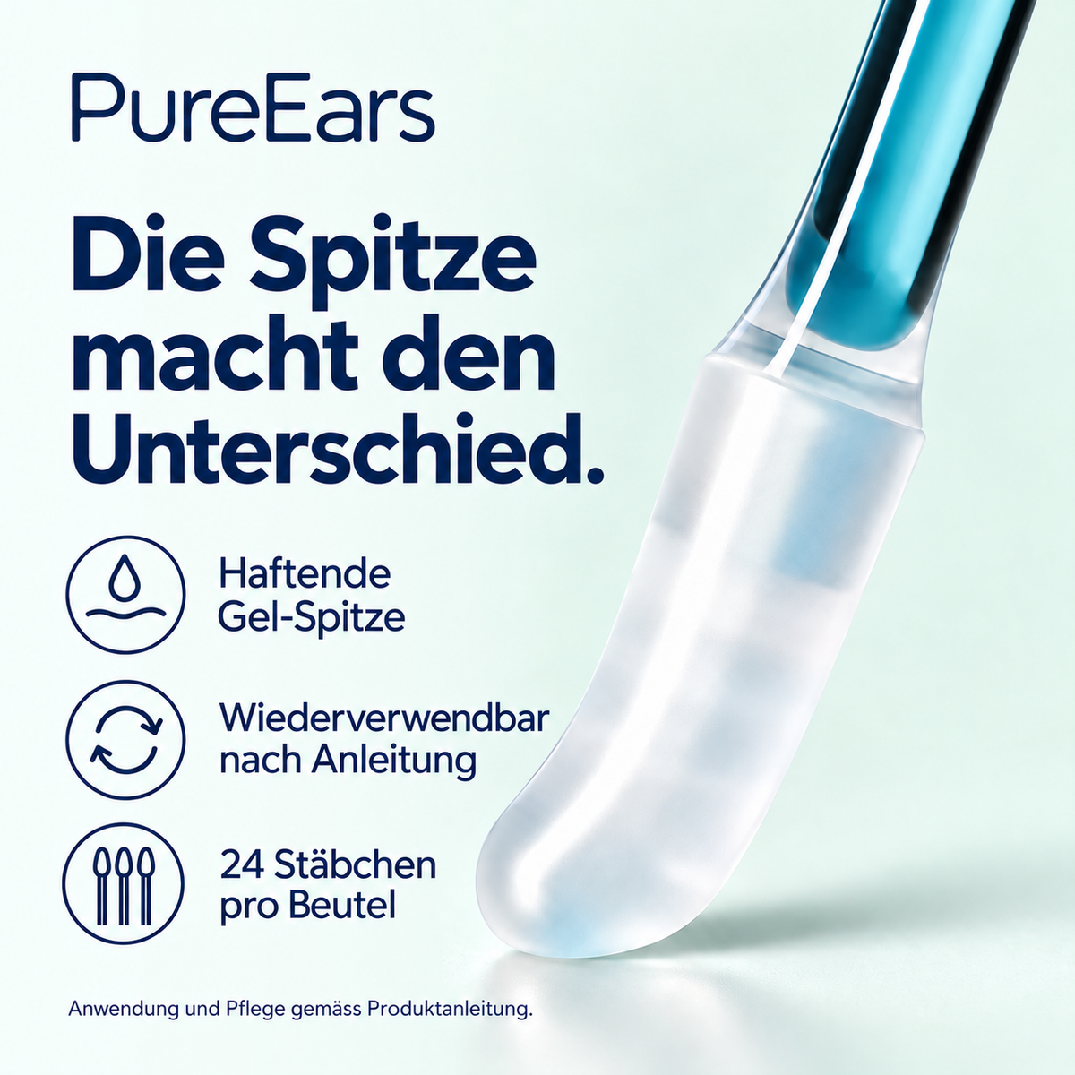 PureEars erklärt: haftende Gel-Spitze, wiederverwendbar nach Anleitung, 24 Stäbchen pro Beutel