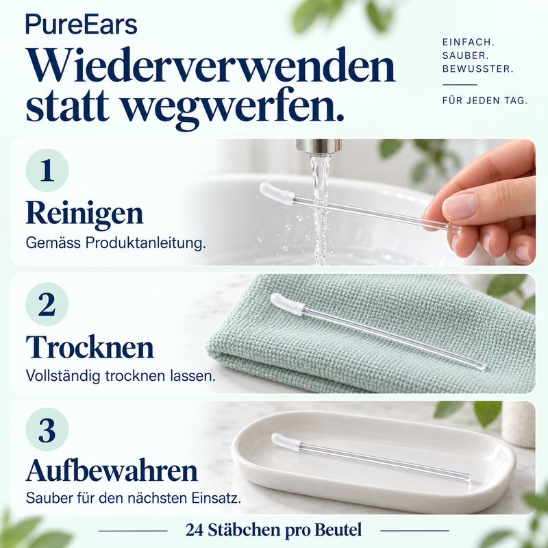 PureEars Pflege: nach Anleitung reinigen, vollständig trocknen und sauber aufbewahren